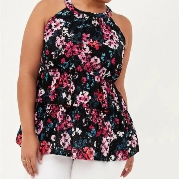 Torrid Floral Halter Tiered Tank Top Black Multicolor Size 2X 100% Rayon - Picture 2 of 12